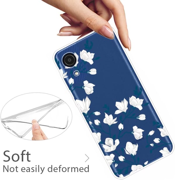 Etui til Samsung Galaxy A03s farveløs silikone hvide blomster + glas