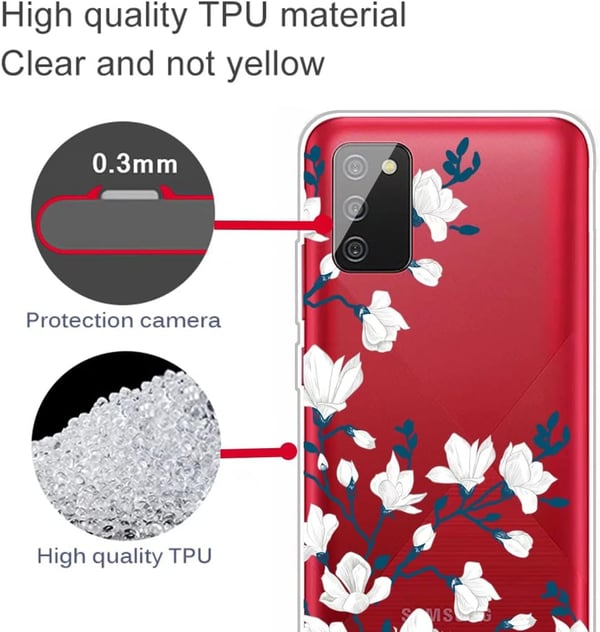 Skal till Samsung Galaxy A02s med genomskinlig silikon och vita blommor