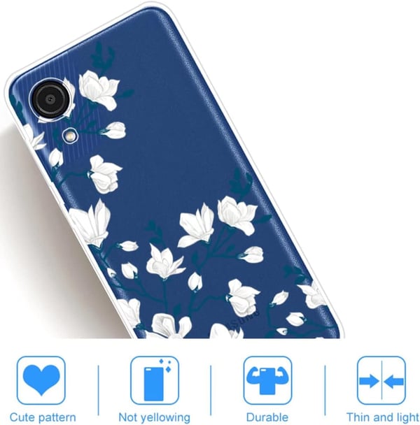 Etui til Samsung Galaxy A03s farveløs silikone hvide blomster + glas