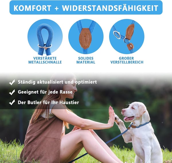 Halkfritt blått hundhalsband med koppel, längd 130 cm, diameter 8 mm