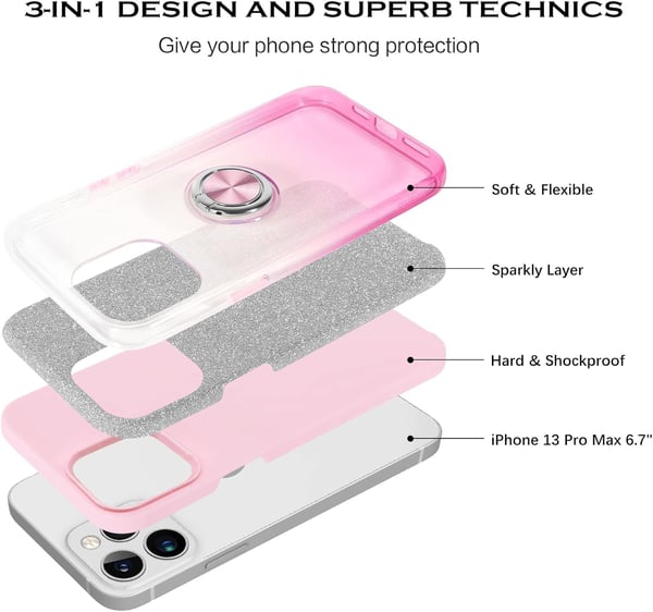 Apple iPhone 13 Pro Skal Rosa Glitter Ombre Ringstativ A2483