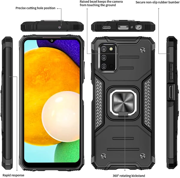 Pansret cover med ring til Samsung Galaxy A03s sort og 2x hærdet glas