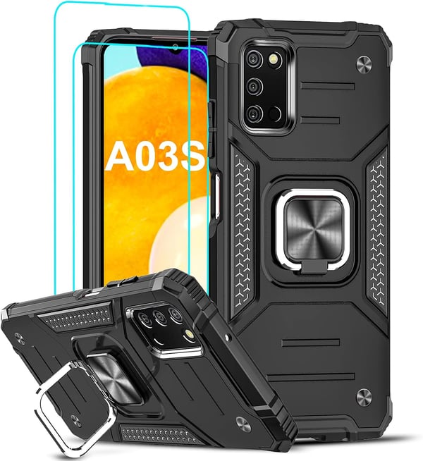 Pansret cover med ring til Samsung Galaxy A03s sort og 2x hærdet glas