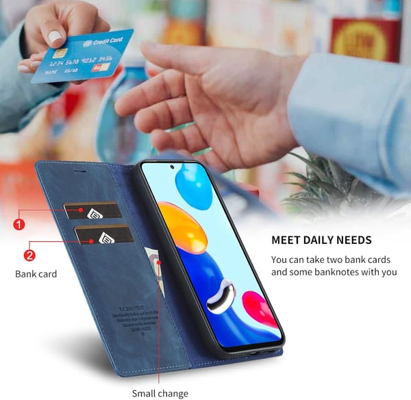Flip-etui til Xiaomi Redmi Note 11/11S, marineblå, øko-læder, til kort