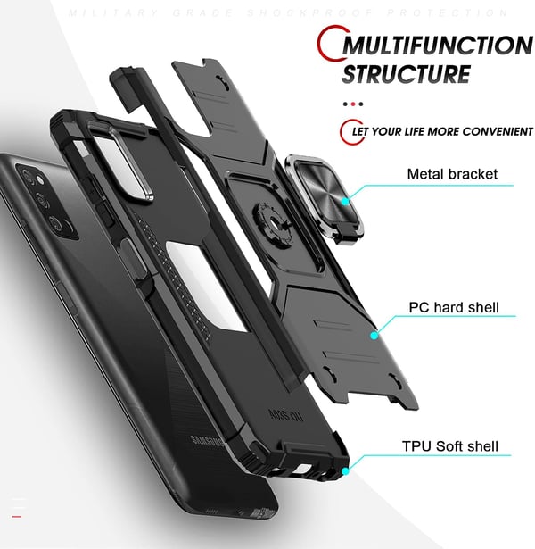 Pansret cover med ring til Samsung Galaxy A03s sort og 2x hærdet glas
