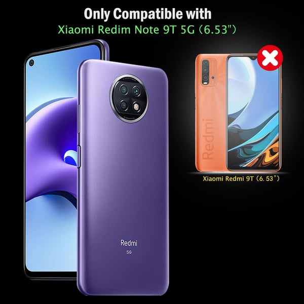Etui til Xiaomi Redmi Note 9T med gennemsigtig bagside, forstærket ramme + 2x glas