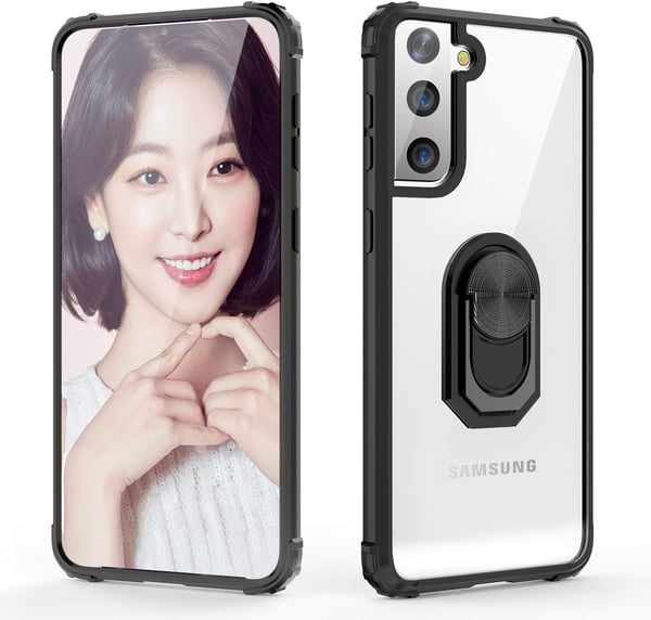 Etui til Samsung Galaxy S21+ sort ramme gennemsigtig bagside + ring