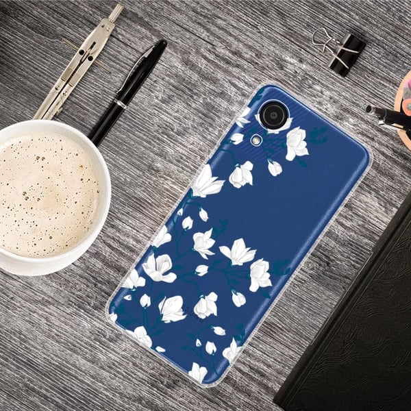 Etui til Samsung Galaxy A03s farveløs silikone hvide blomster + glas