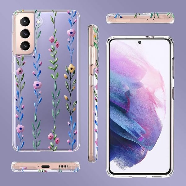 Silikonikuori Samsung Galaxy S21+:lle, läpinäkyvä ja värikkäillä kukilla