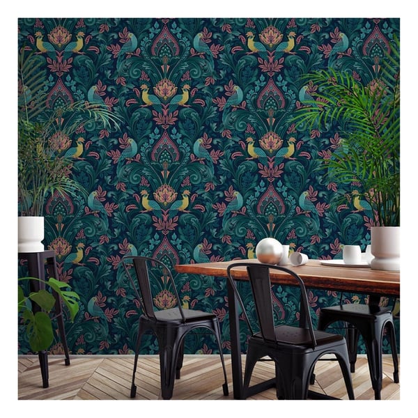 Grandeco Peacock Damask Vinyl Textured Wallpaper