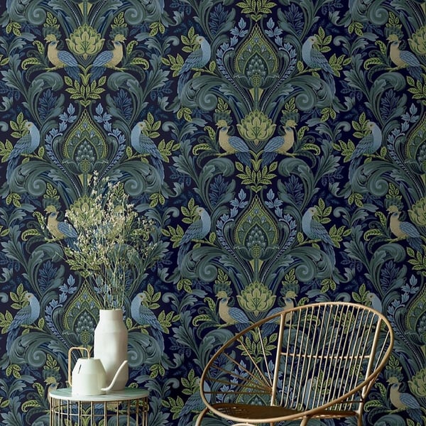 Grandeco Peacock Damask Vinyl Textured Wallpaper