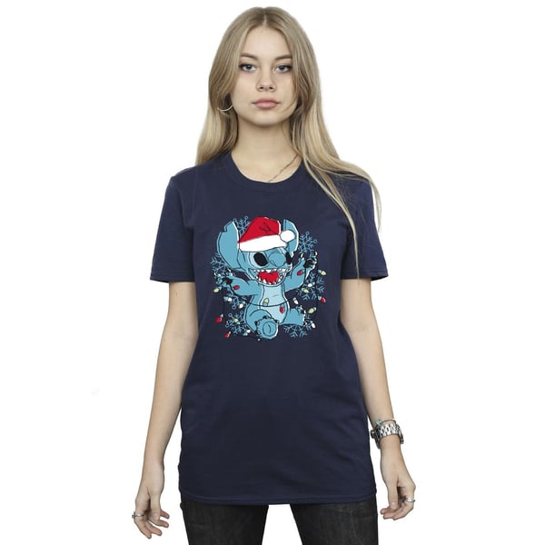 Disney Womens/Ladies Lilo And Stitch Christmas Lights Sketch Cotton Boyfriend T-Shirt