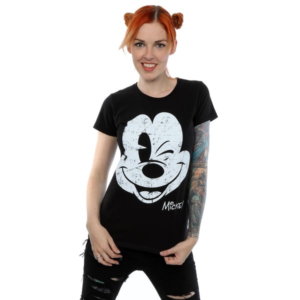Disney Womens/Ladies Mickey Mouse Distressed Face Cotton T-Shirt