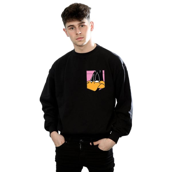 Looney Tunes Mens Daffy Duck Face Faux Pocket Sweatshirt