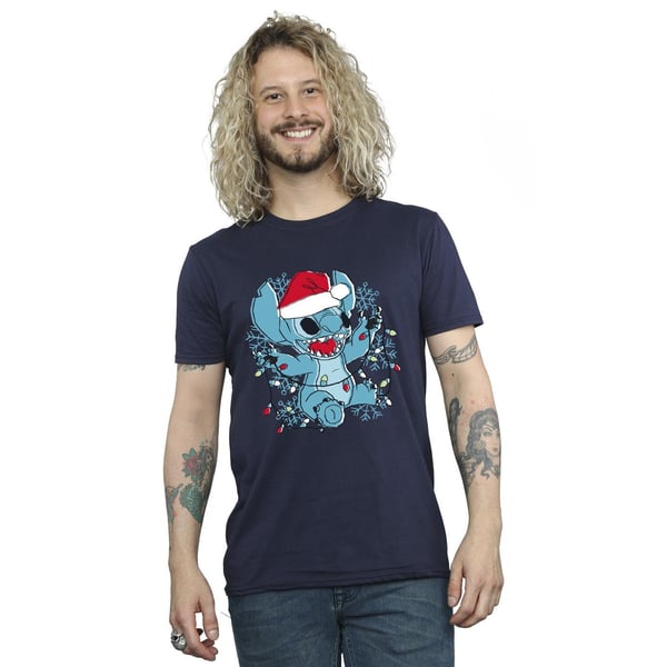 Disney Mens Lilo And Stitch Christmas Lights Sketch T-Shirt