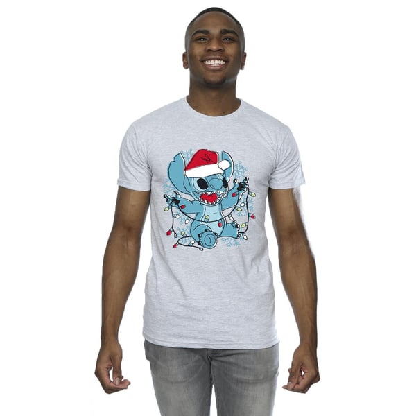 Disney Mens Lilo And Stitch Christmas Lights Sketch T-Shirt