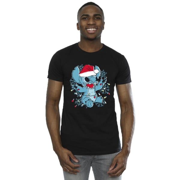 Disney Mens Lilo And Stitch Christmas Lights Sketch T-Shirt