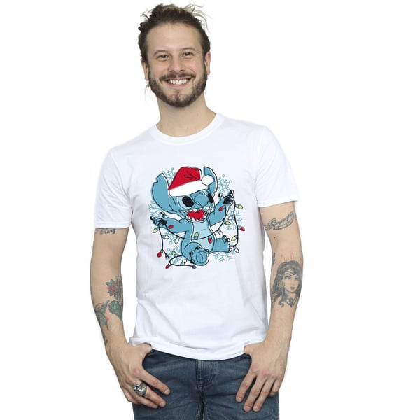 Disney Mens Lilo And Stitch Christmas Lights Sketch T-Shirt
