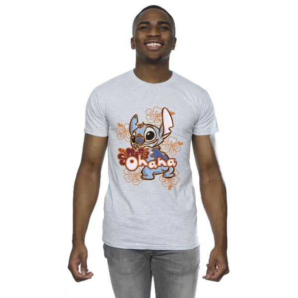 Disney Mens Lilo And Stitch Ohana Orange Hibiscus T-Shirt