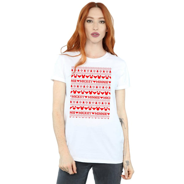 Disney Womens/Ladies Mickey And Minnie Christmas Fair Isle Cotton Boyfriend T-Shirt