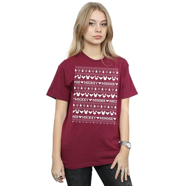 Disney Womens/Ladies Mickey And Minnie Christmas Fair Isle Cotton Boyfriend T-Shirt