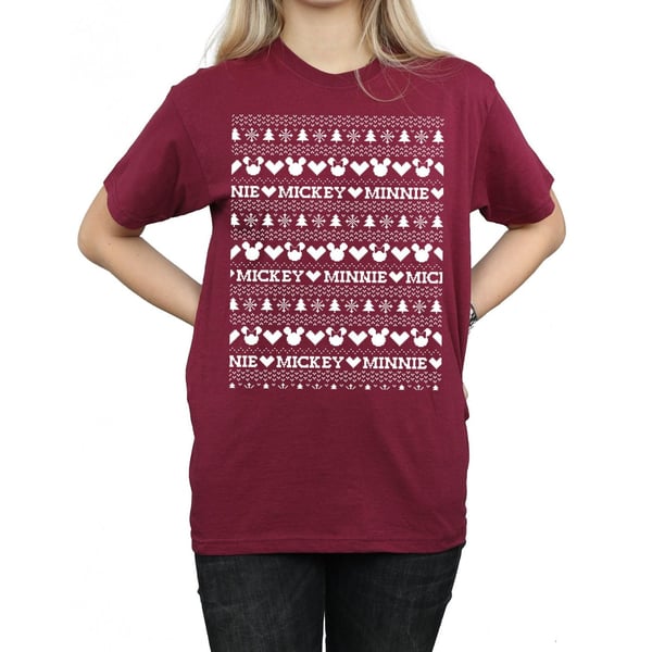 Disney Womens/Ladies Mickey And Minnie Christmas Fair Isle Cotton Boyfriend T-Shirt