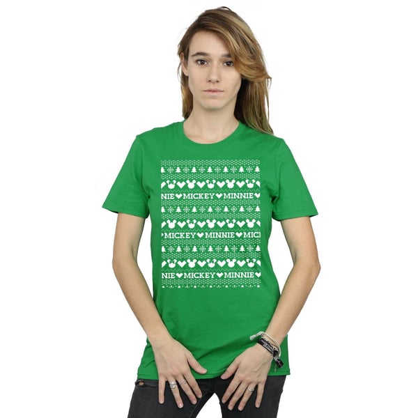 Disney Womens/Ladies Mickey And Minnie Christmas Fair Isle Cotton Boyfriend T-Shirt
