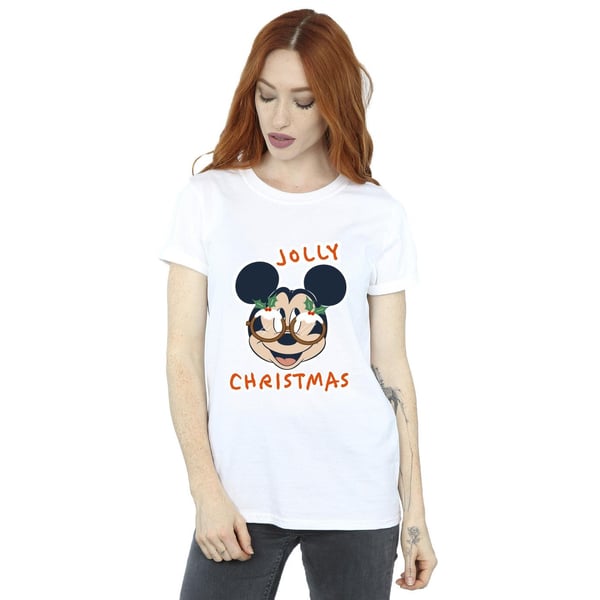Disney Womens/Ladies Mickey Mouse Jolly Christmas Glasses Cotton Boyfriend T-Shirt