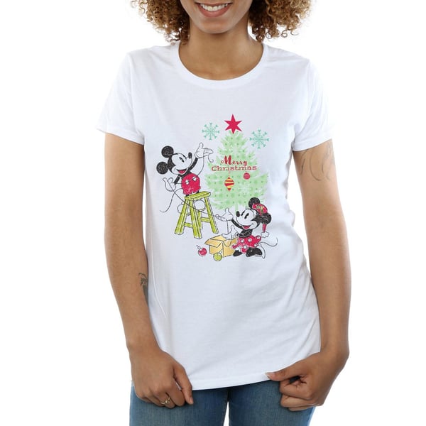 Disney Womens/Ladies Mickey And Minnie Christmas Tree Cotton T-Shirt
