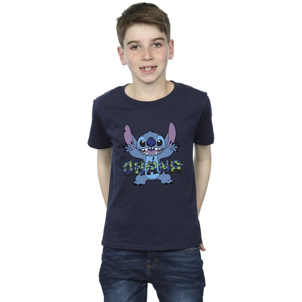 Disney Boys Lilo And Stitch Ohana Blue Glitch T-Shirt