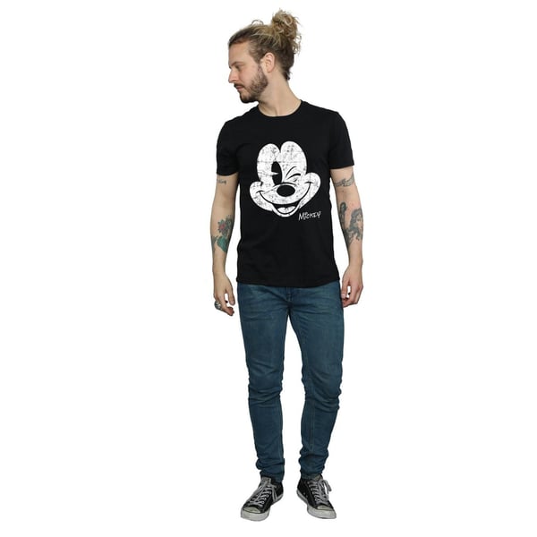 Disney Mens Mickey Mouse Distressed Face T-Shirt