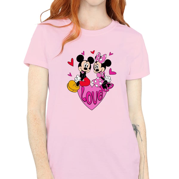 Disney Womens/Ladies Love Heart Mickey & Minnie Mouse Cotton Boyfriend T-Shirt