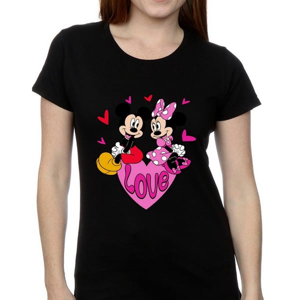 Disney Womens/Ladies Love Heart Mickey & Minnie Mouse Cotton Boyfriend T-Shirt