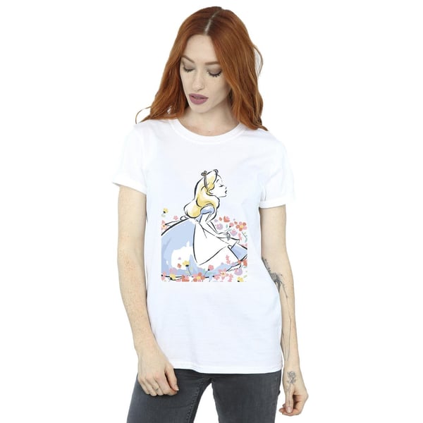 Disney Womens/Ladies Alice In Wonderland Sketch Flowers Cotton Boyfriend T-Shirt