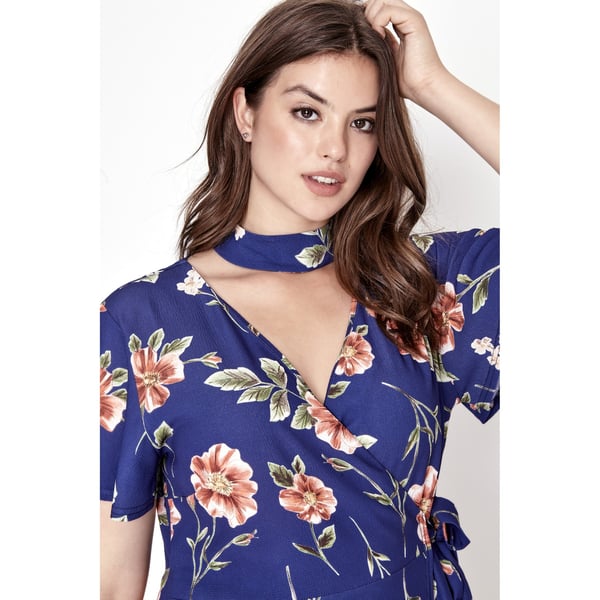 Girls On Film Curvy Womens/Ladies Navy Rose Print Wrap Dress
