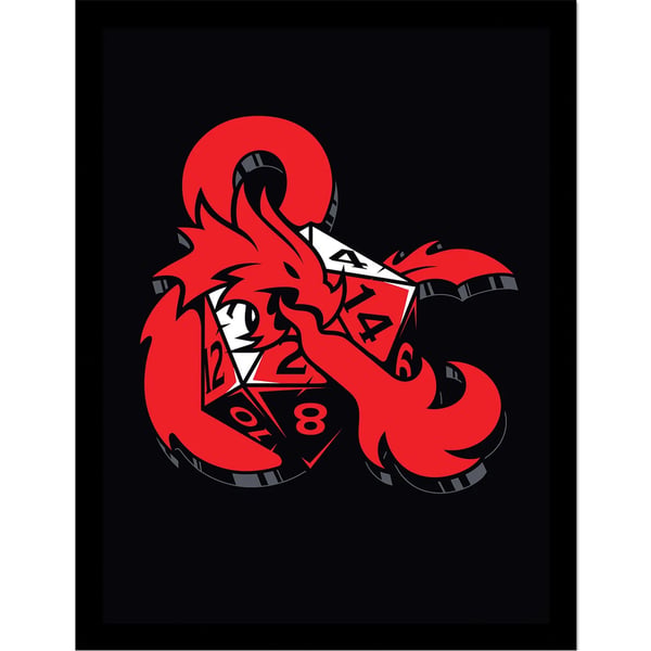 Dungeons & Dragons -ampersandi noppien kanssa kehystetty juliste
