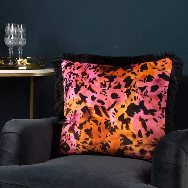 Paoletti Colette Fringed Satin Animal Print Cushion Cover