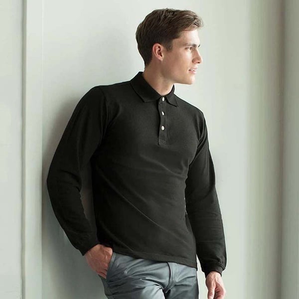 Henbury Mens Classic Plain Long Sleeve Cotton Polo Shirt