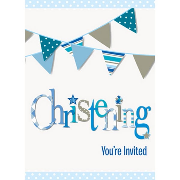 Unique Party Bunting Christening Invitation Cards (Pack Of 8)