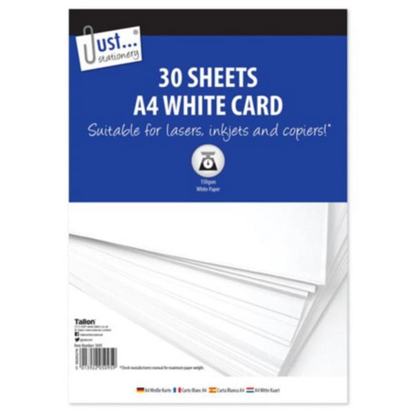 Just Stationery 30 X 150 GSM ark A4 hvide kort i en pakke med 30 stk.