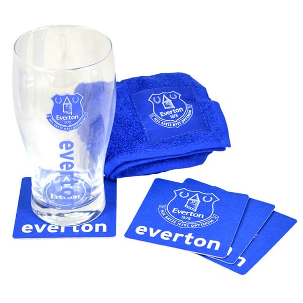 Everton FC Officiell Wordmark Mini Fotbollsbarset (Ölglas, Handduk & Ölunderlägg)