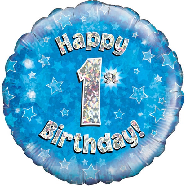 Oaktree 18 Inch Happy 1st Birthday Blue Holographic Balloon