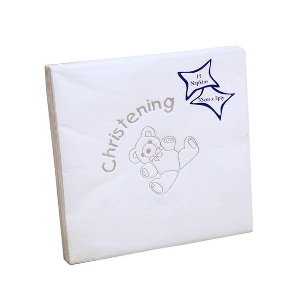 NPK Christening Teddy Design Foil Printed Napkins (Pack Of 15)