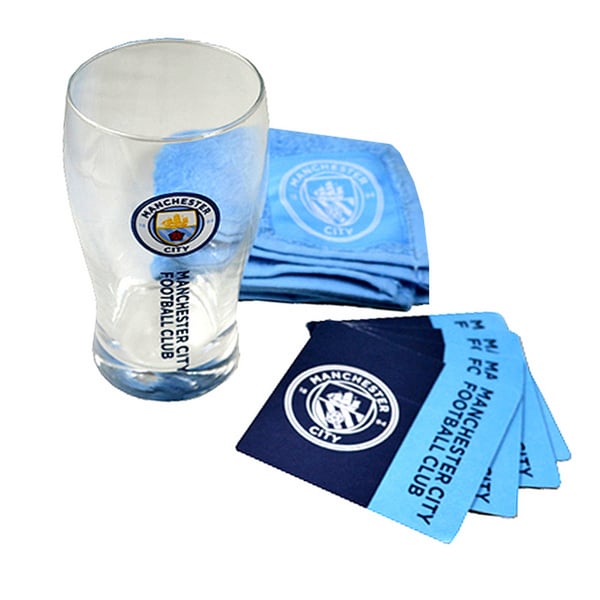 Manchester City FC Officielt Wordmark Mini Football Bar sæt (pintglas, håndklæde og ølunderlag)