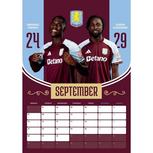 Aston Villa FC 2026 A3 Wall Calendar
