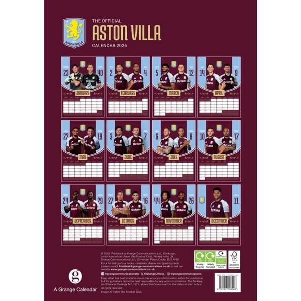 Aston Villa FC 2026 A3 Wall Calendar