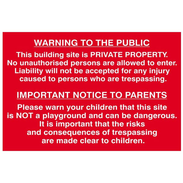 Scan Building Site Warning To Public & Parents - Pvc Sign 600 X 400mm
