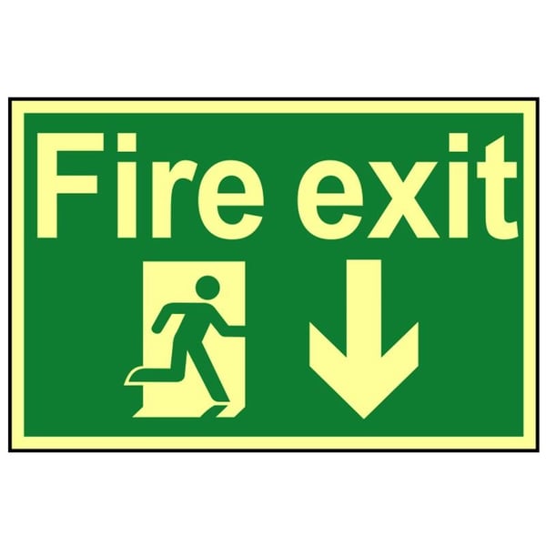 Scan Fire Exit Running Man Arrow Down - Photoluminescent 300 X 200mm