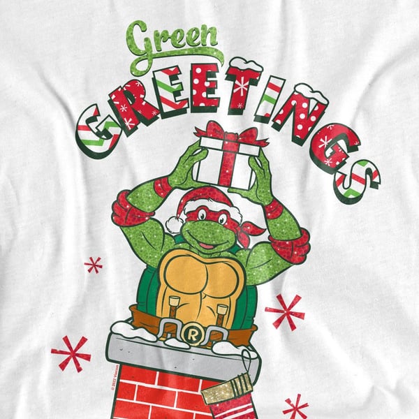 Teenage Mutant Ninja Turtles Unisex Adult Green Greetings Christmas Scene T-Shirt