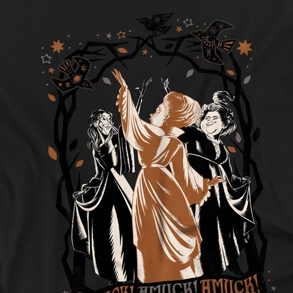 Hocus Pocus 2 Unisex Adult Amuck, Amuck, Amuck! Sanderson Sisters Scene T-Shirt